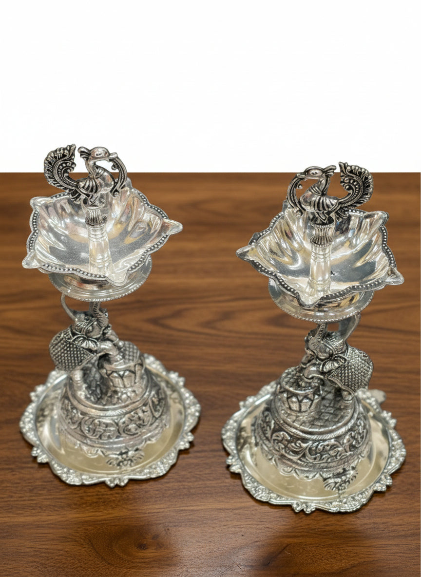 pure silver plated antique finish elephant diya set for housewarming pooja