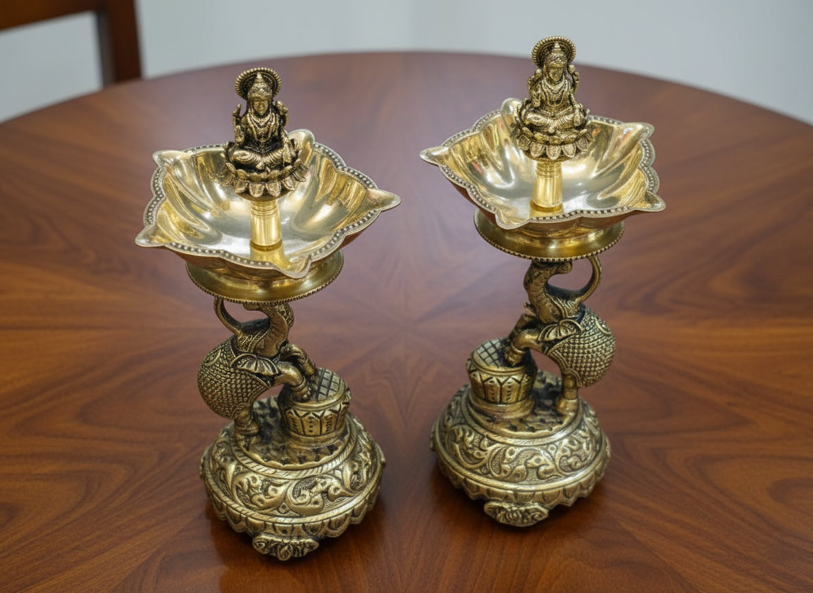 Brass Antique Elephant Diyas – Pair for housewarming pooja/ home décor