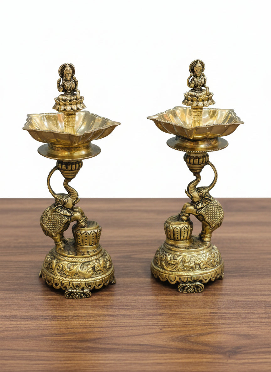 Brass Antique Elephant Diyas – Pair for housewarming pooja/ home décor