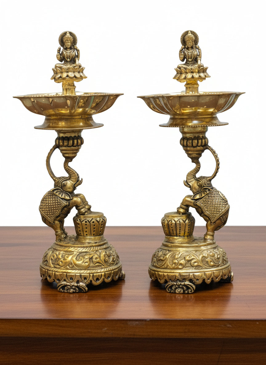 Brass Antique Elephant Diyas – Pair for housewarming pooja/ home décor