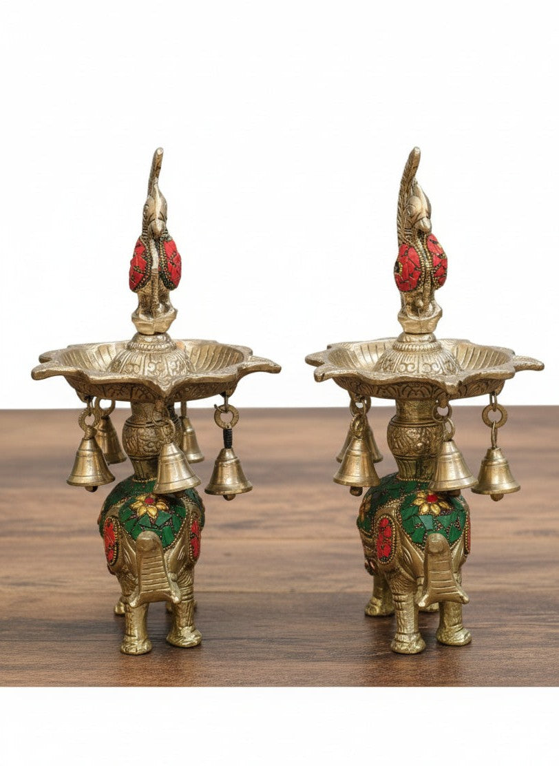 german silver with stonework elephant diya with bells for housewarming pooja/ home décor