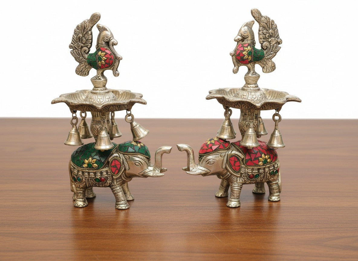 german silver with stonework elephant diya with bells for housewarming pooja/ home décor