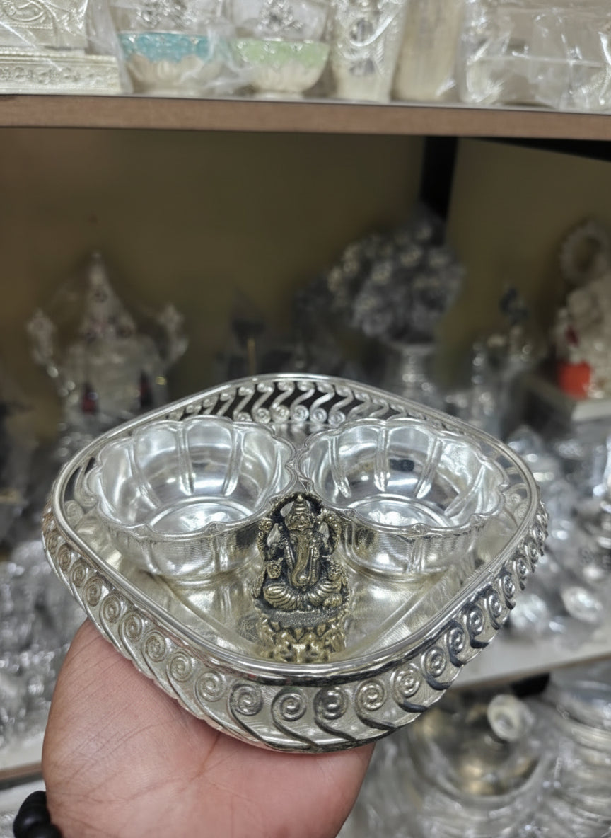 German Silver Tray with 2 Bowls & Ganesh Statue for pooja set