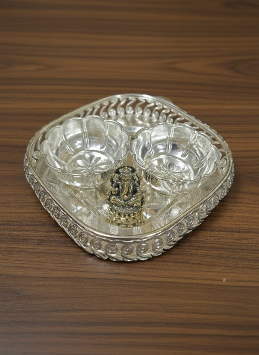 German Silver Tray with 2 Bowls & Ganesh Statue for pooja set