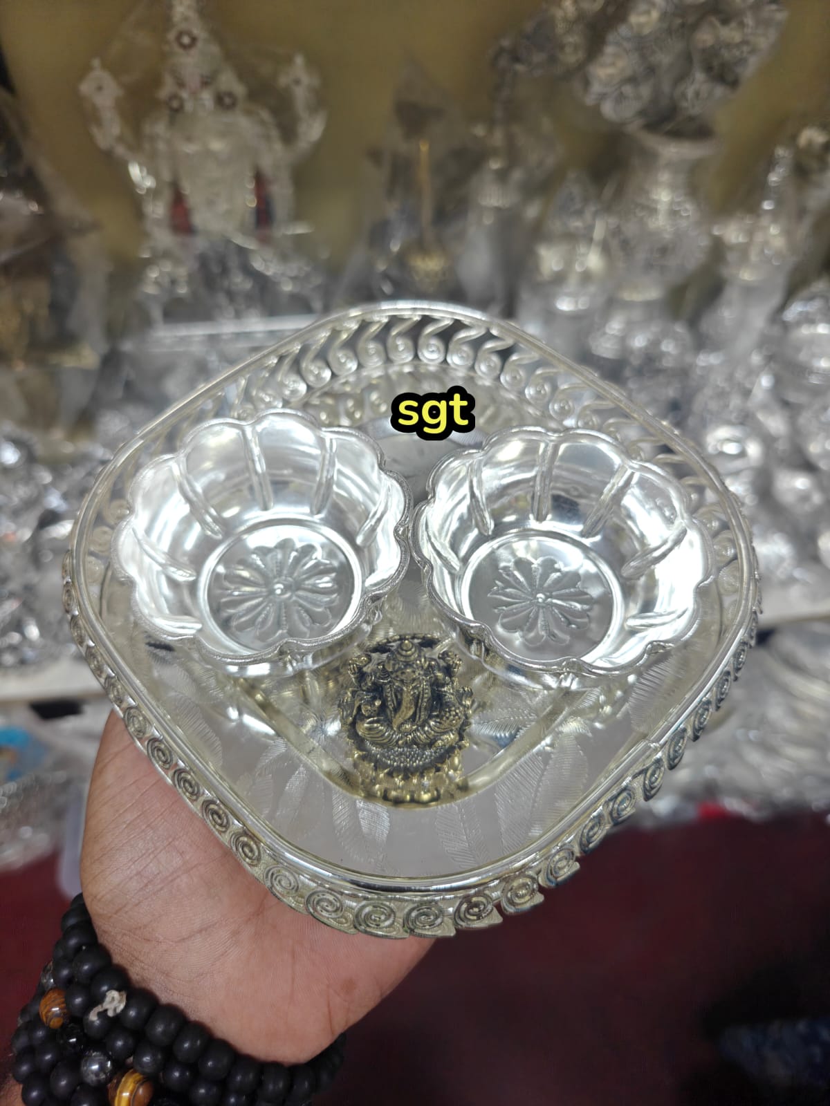 German Silver Tray with 2 Bowls & Ganesh Statue for pooja set