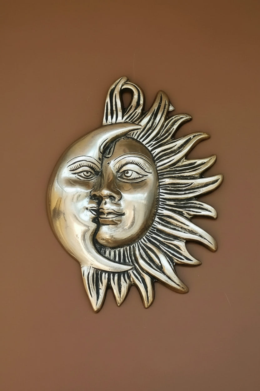 Handcrafted Brass Sun & Moon Wall Hanging – Celestial Home Décor & Auspicious Gifting