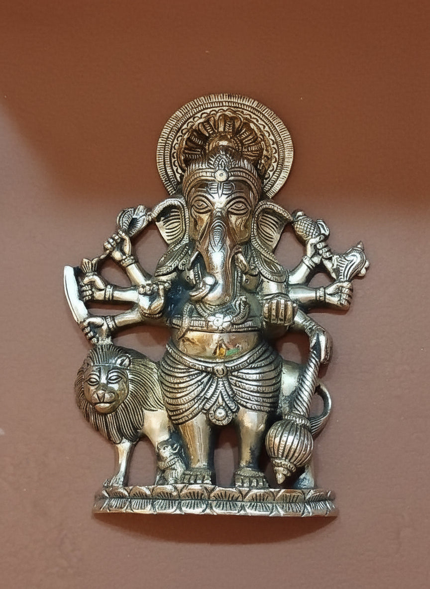 Handcrafted Brass Ganesh Wall Hanging with Lion – Divine Protector for Home & Temple Décor