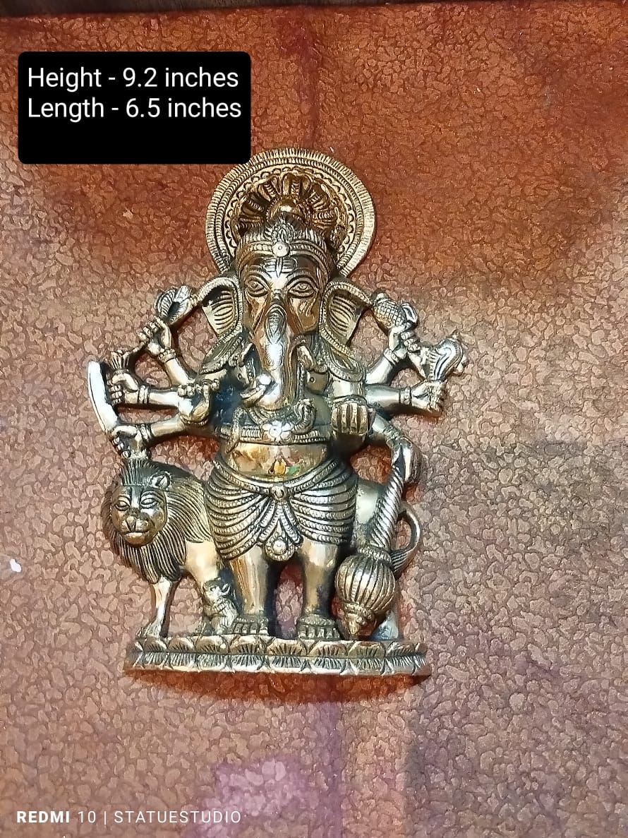 Handcrafted Brass Ganesh Wall Hanging with Lion – Divine Protector for Home & Temple Décor