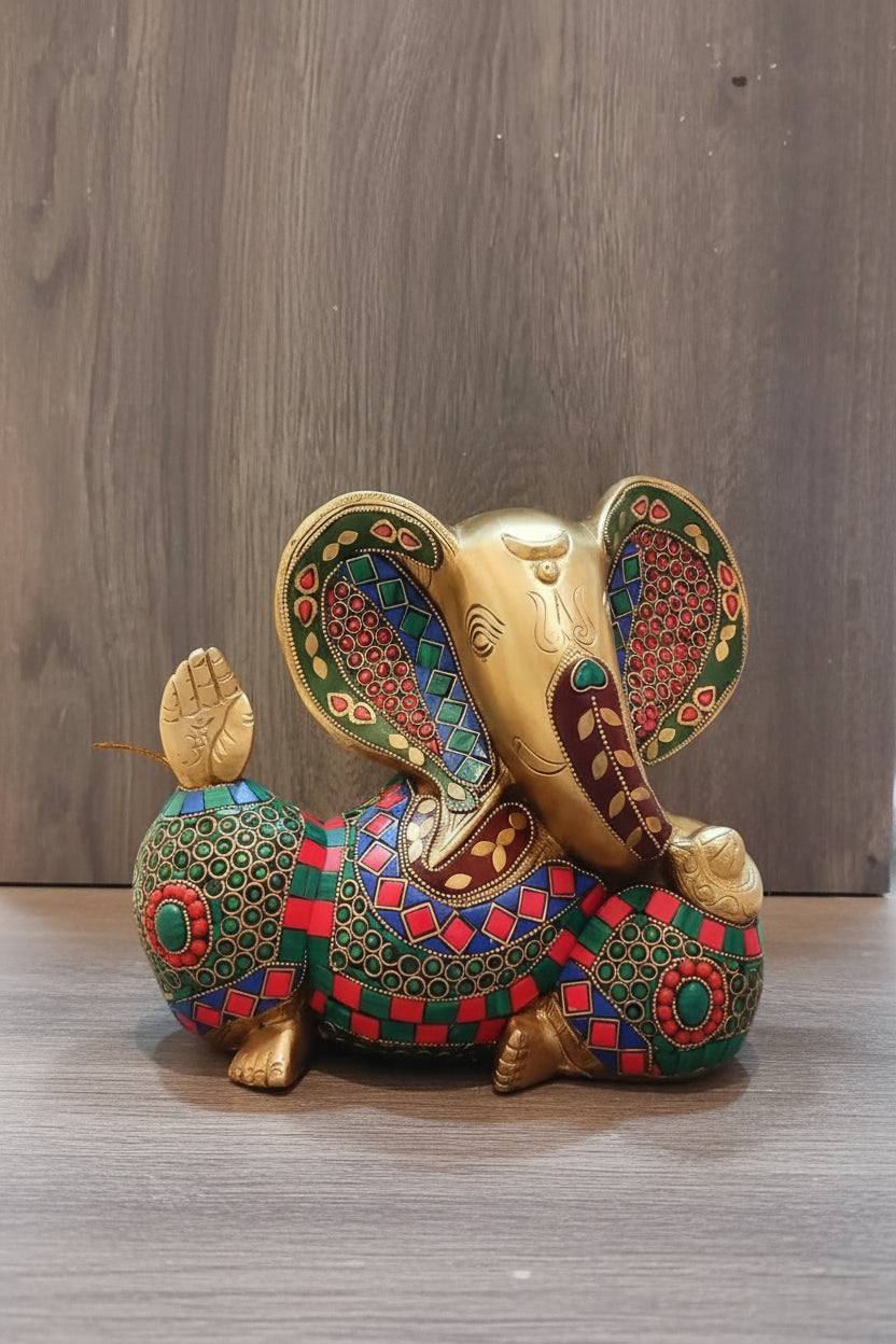 Handcrafted Brass Sitting Ganesh Idol with Colorful Stonework – Auspicious Home Temple & Gift Décor