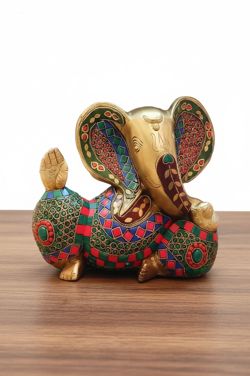 Handcrafted Brass Sitting Ganesh Idol with Colorful Stonework – Auspicious Home Temple & Gift Décor