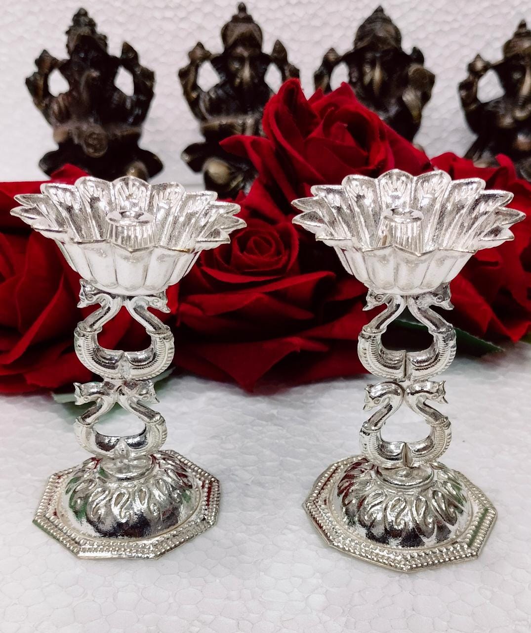 German Silver 2 Step Double Peacock Lotus Diya sert of 10 diyas for House Warming Pooja