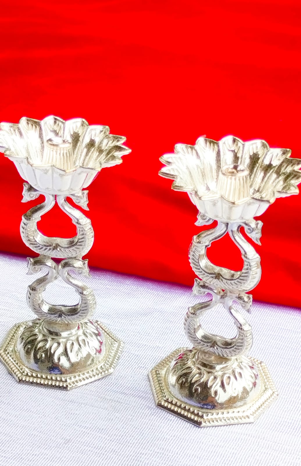German Silver 2 Step Double Peacock Lotus Diya sert of 10 diyas for House Warming Pooja