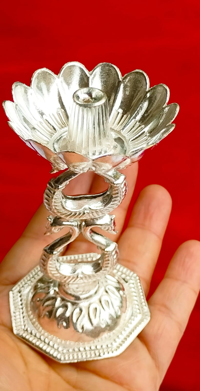 German Silver 2 Step Double Peacock Lotus Diya sert of 10 diyas for House Warming Pooja