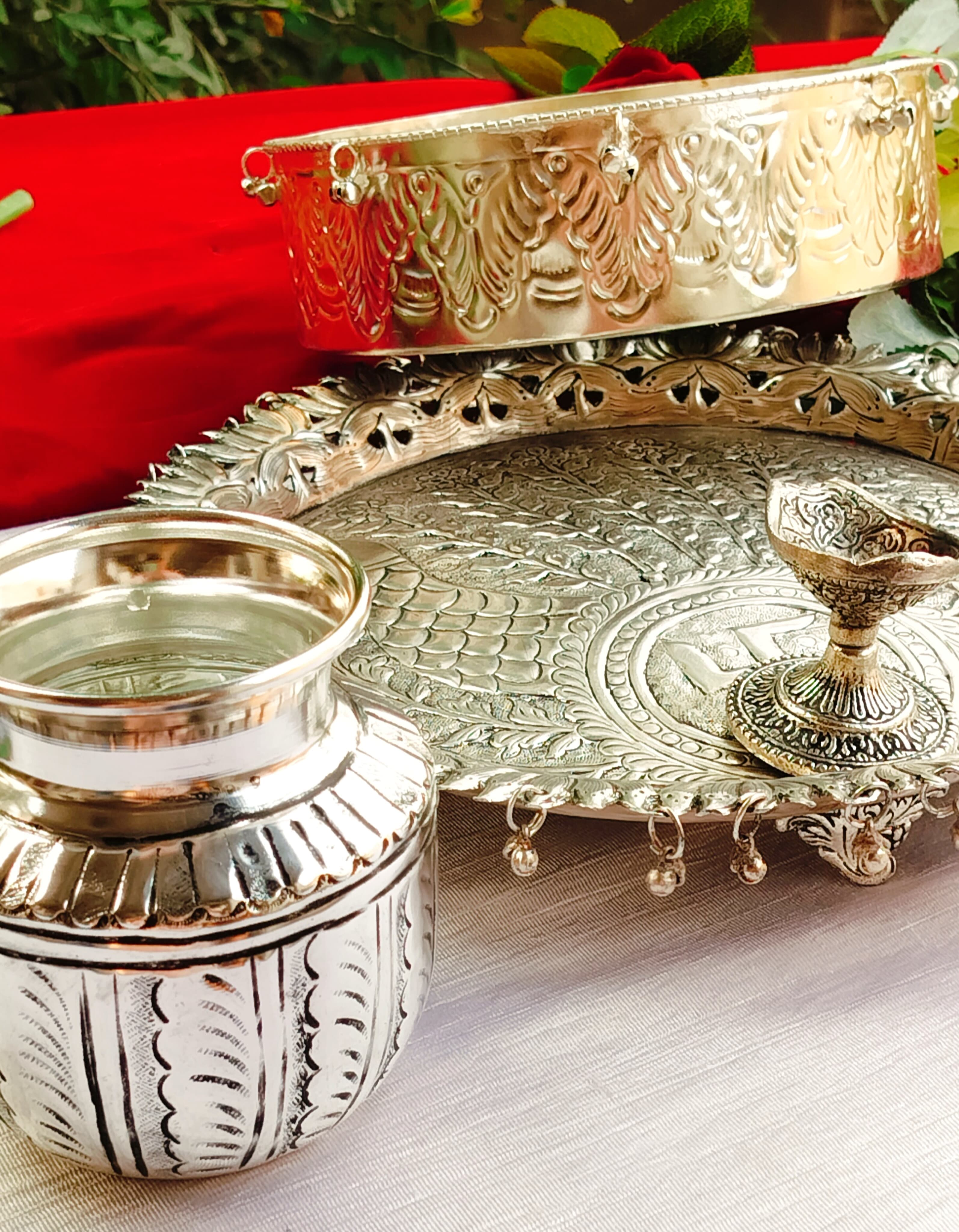 German silver antique finish karwachauth combo pooja thali set