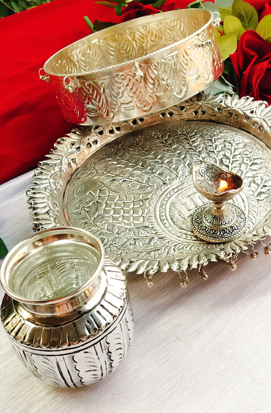 German silver antique finish karwachauth combo pooja thali set