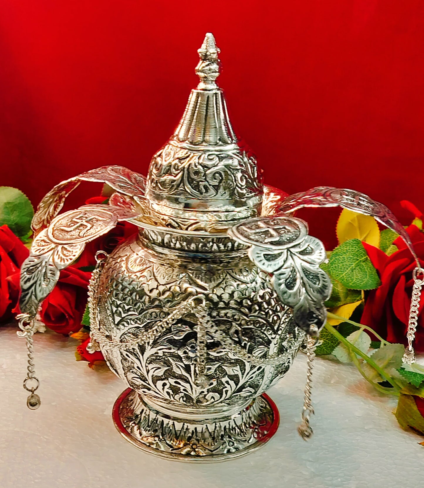 German silver fully carved kalsh with leaf and coconut for diwali pooja/ housewarming pooja