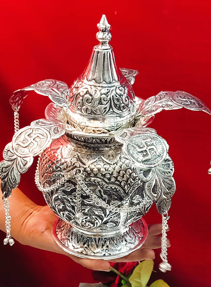 German silver fully carved kalsh with leaf and coconut for diwali pooja/ housewarming pooja