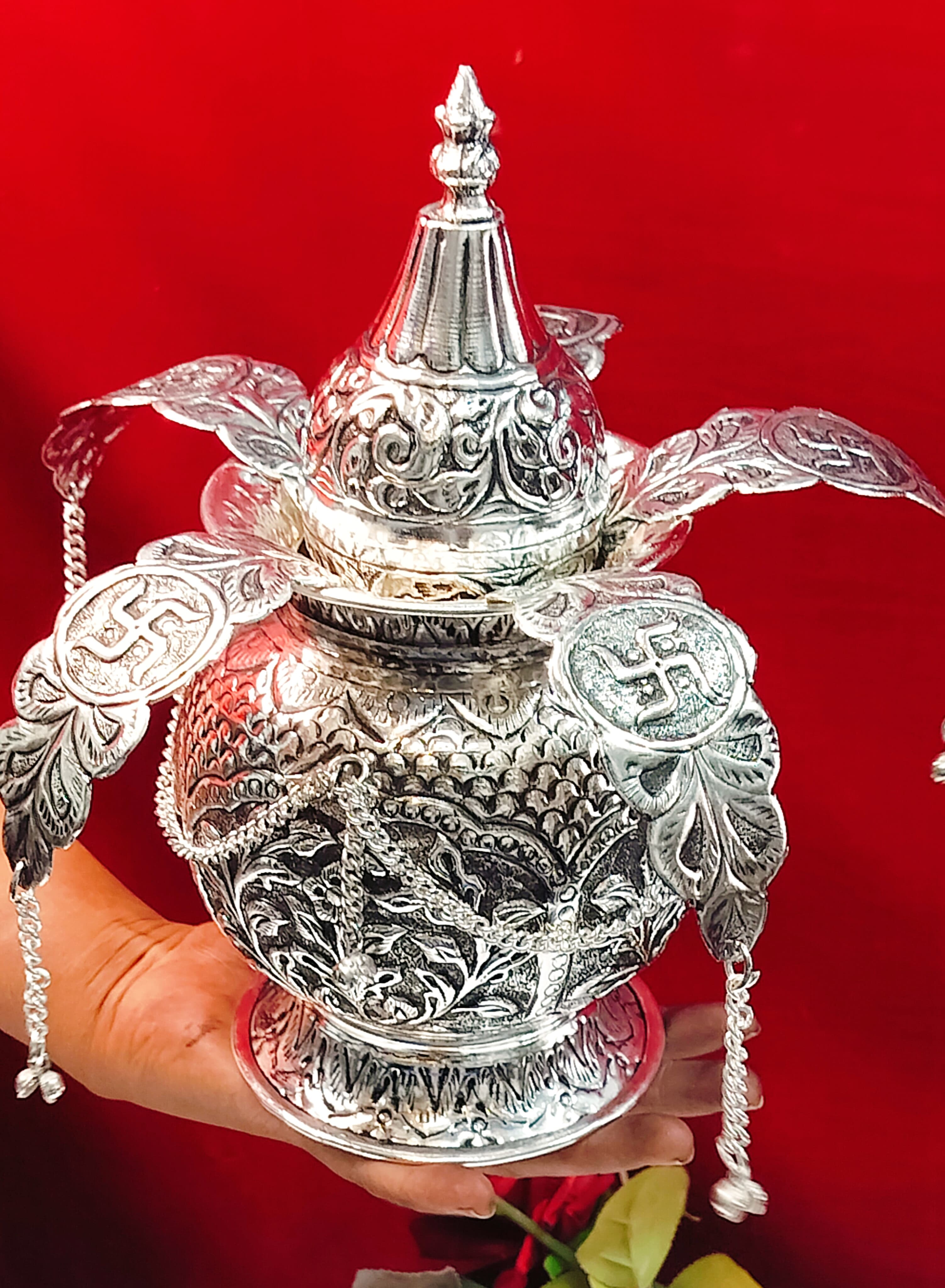 German Silver Fully Carved Kalash with Leaf and Coconut