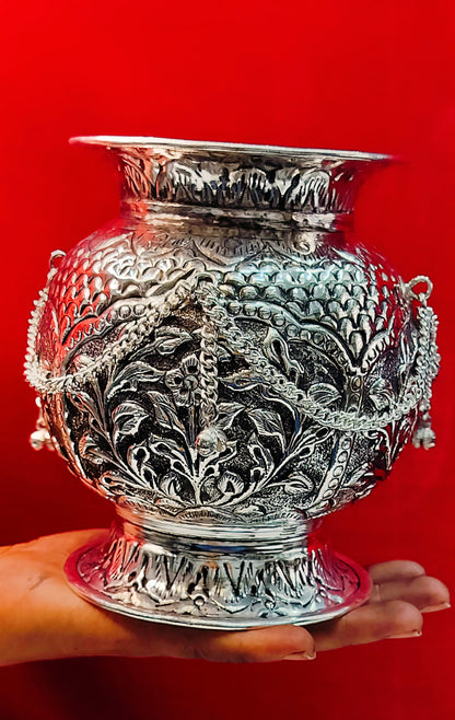 German silver fully carved kalsh with leaf and coconut for diwali pooja/ housewarming pooja