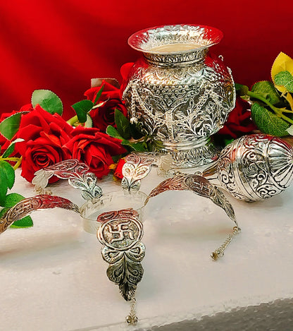 German silver fully carved kalsh with leaf and coconut for diwali pooja/ housewarming pooja