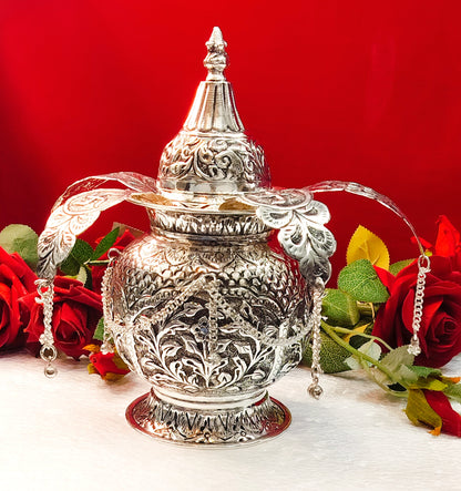 German silver fully carved kalsh with leaf and coconut for diwali pooja/ housewarming pooja