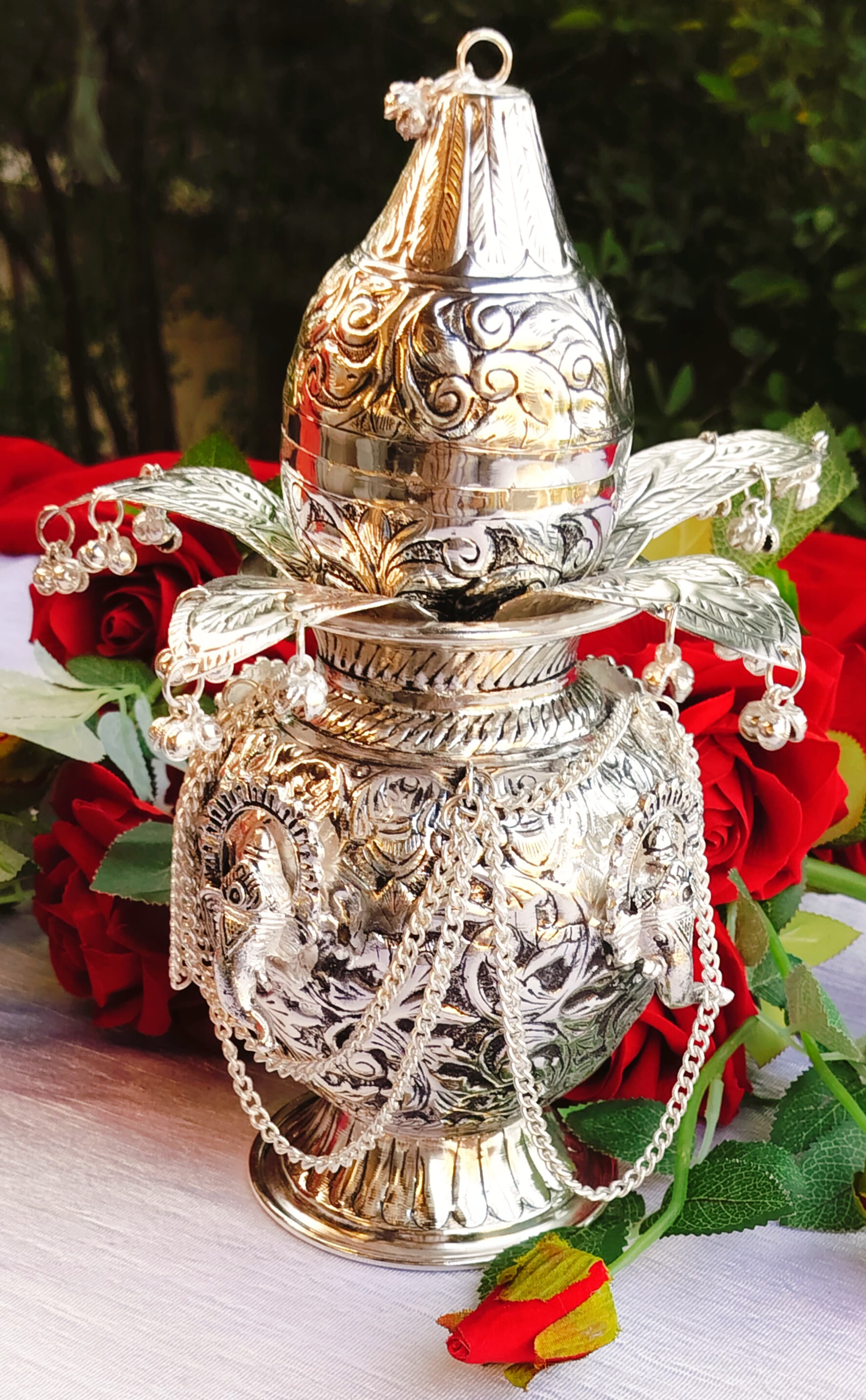 German Silver Fully Carved Ganesh Kalash with Leaf and Coconut for Diwali Pooja