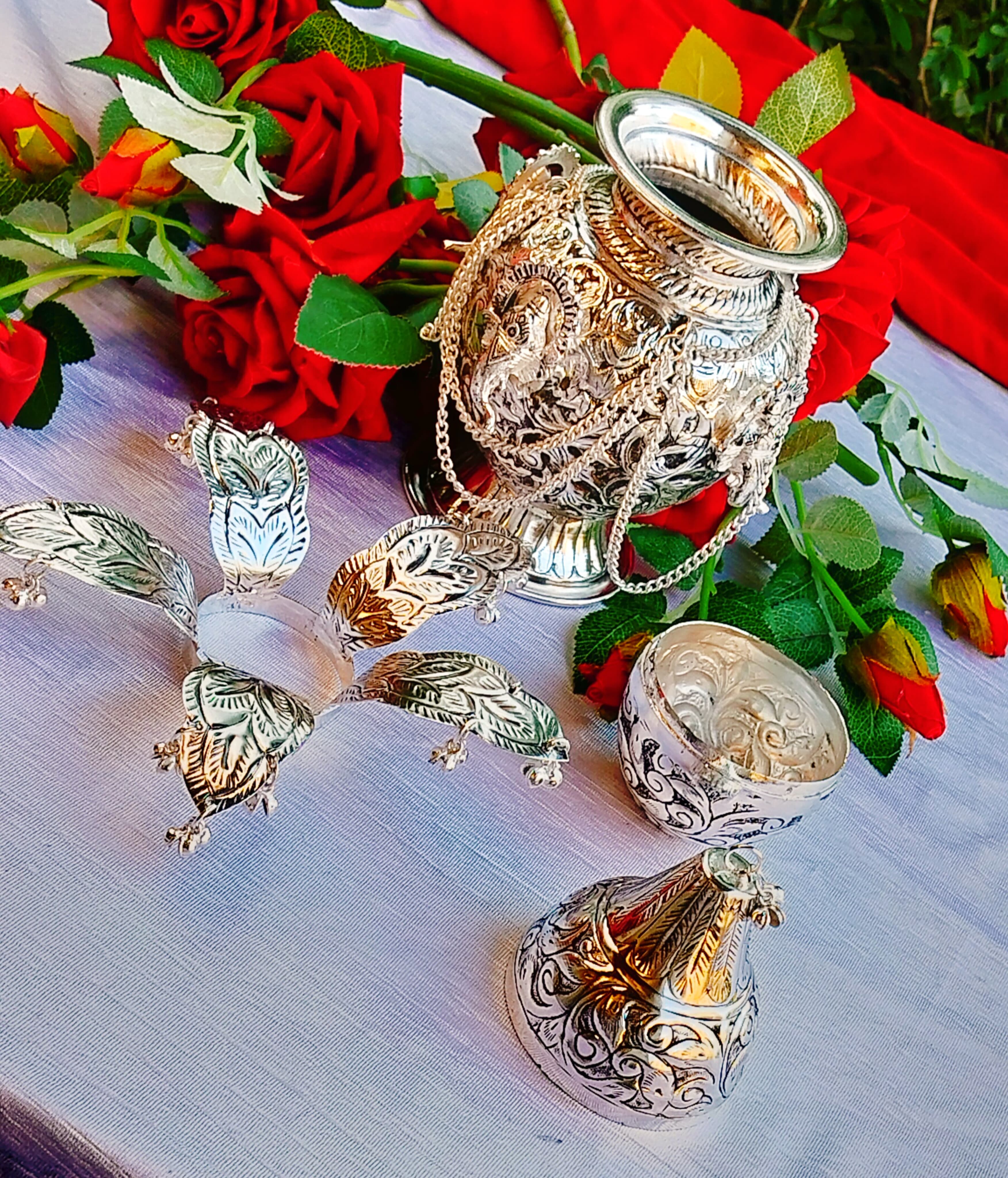 German Silver Fully Carved Ganesh Kalash with Leaf and Coconut for Diwali Pooja