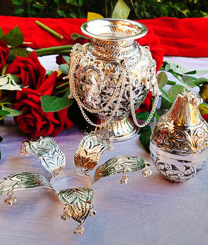 German silver fully carved Ganesh kalash with leaf and coconut for diwali pooja/ housewarming pooja