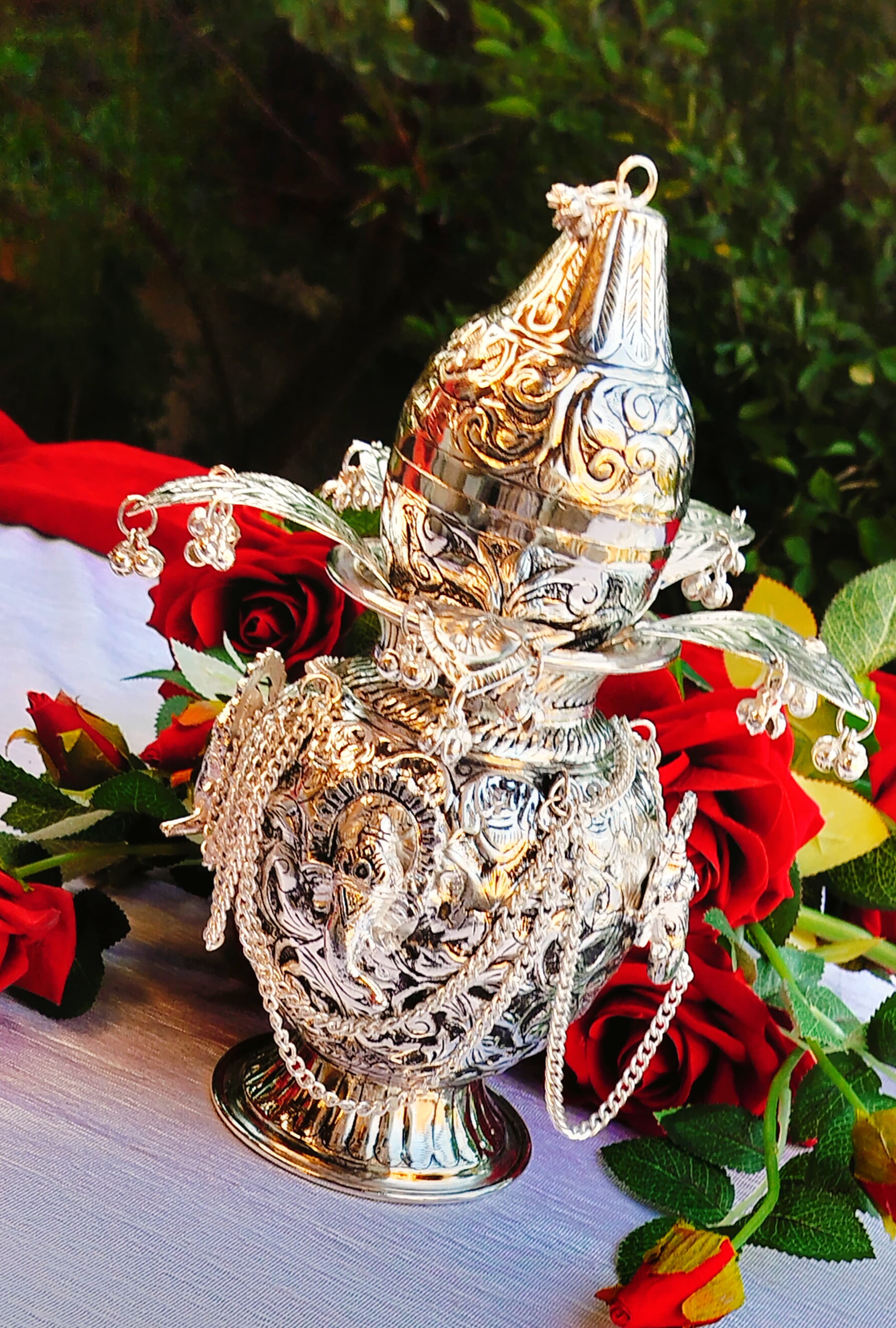 German Silver Fully Carved Ganesh Kalash with Leaf and Coconut for Diwali Pooja