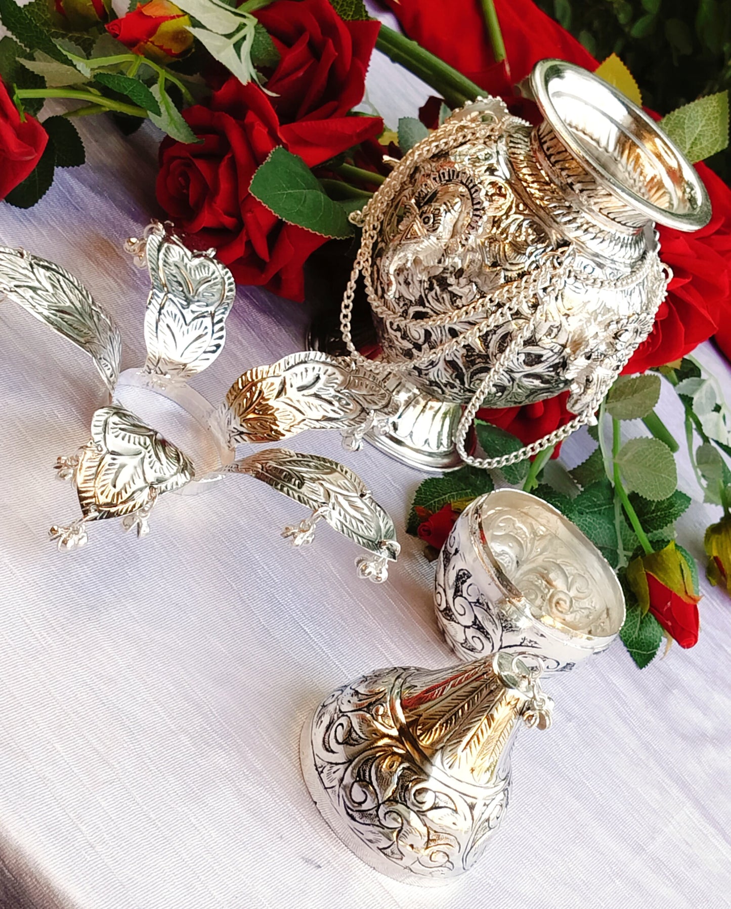 German silver fully carved Ganesh kalash with leaf and coconut for diwali pooja/ housewarming pooja