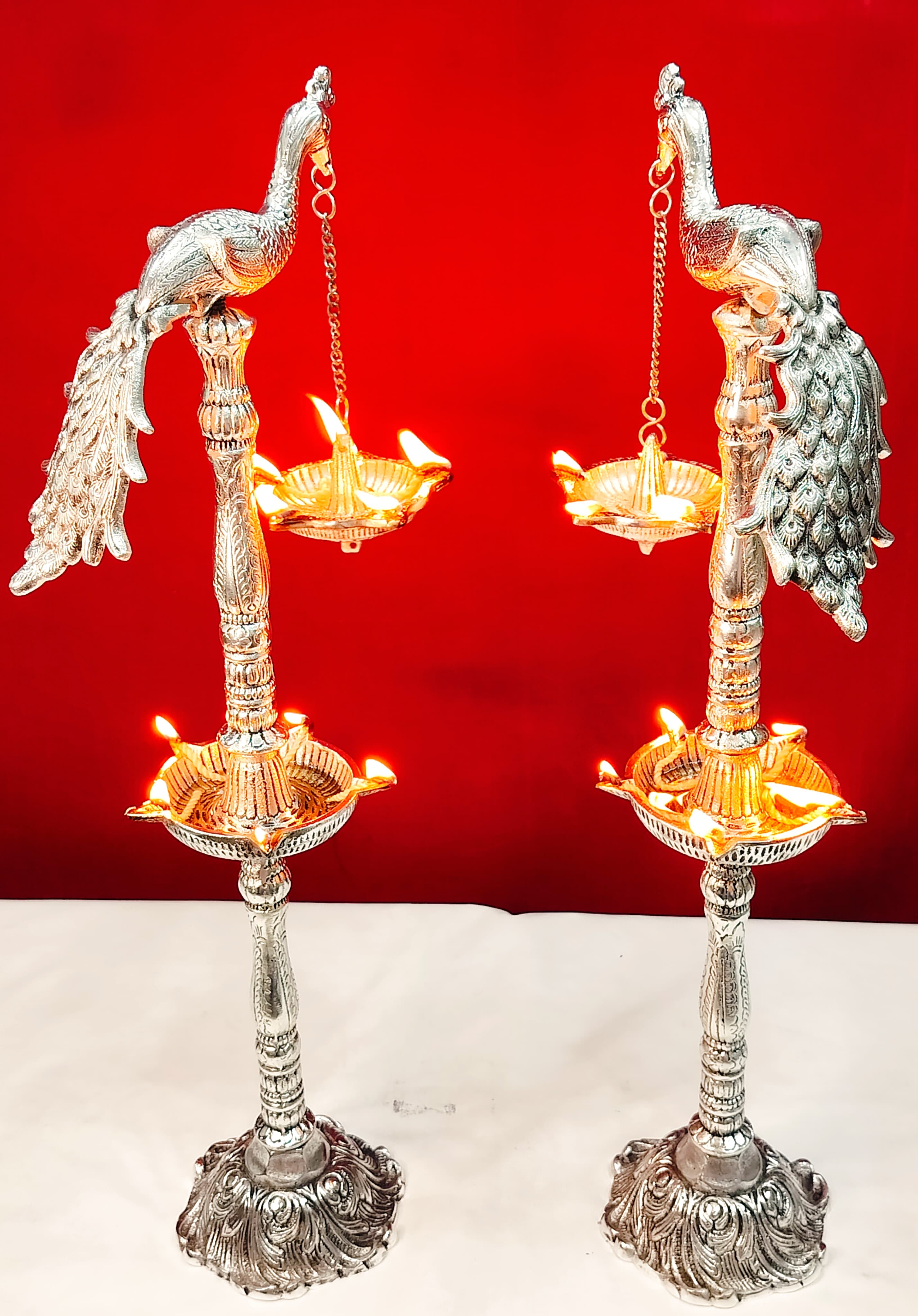German Silver Peacock Diya Pair Set for Diwali Pooja/ Housewarming/ Home Décor