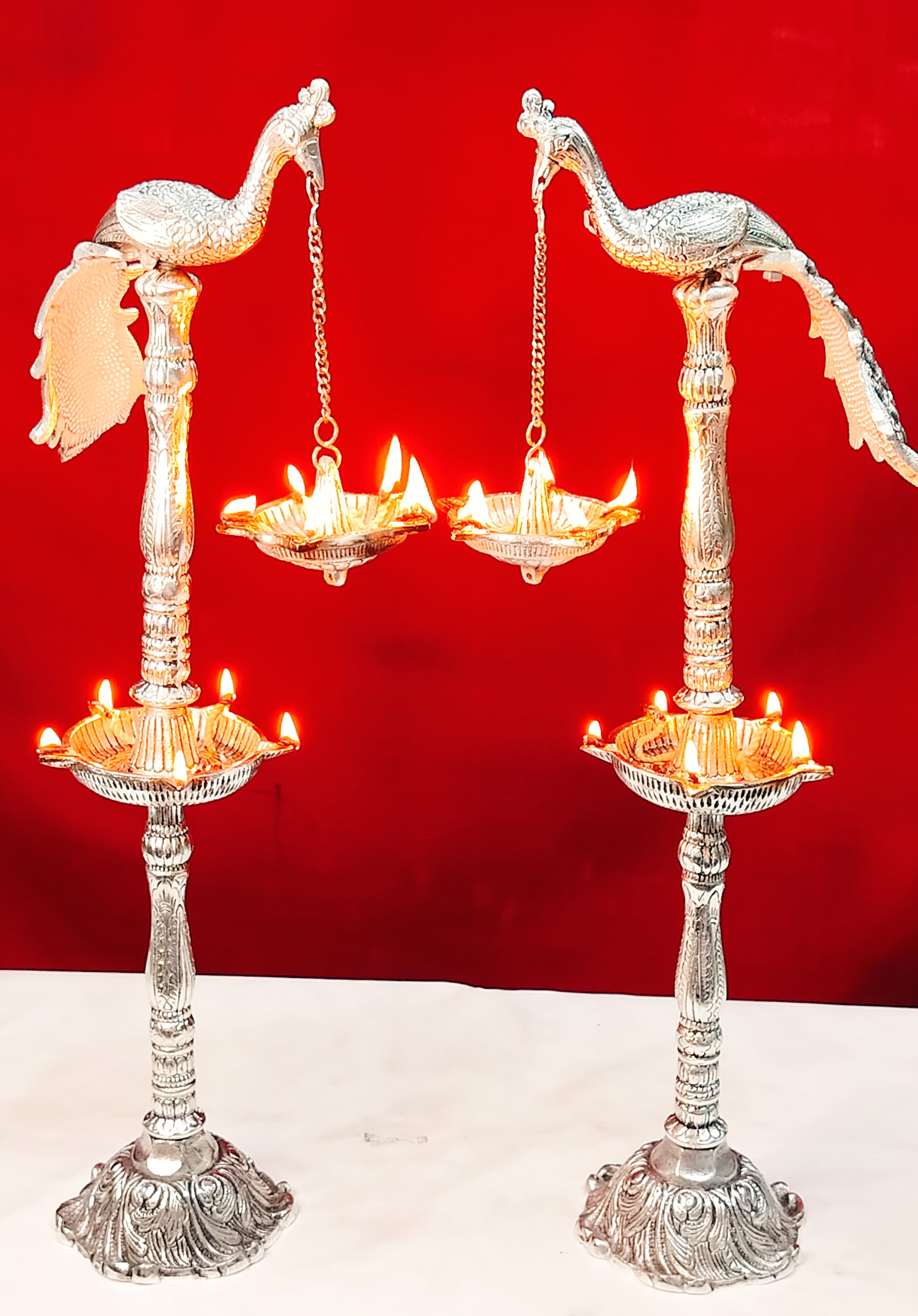 German Silver Peacock Diya Pair Set for Diwali Pooja/ Housewarming/ Home Décor