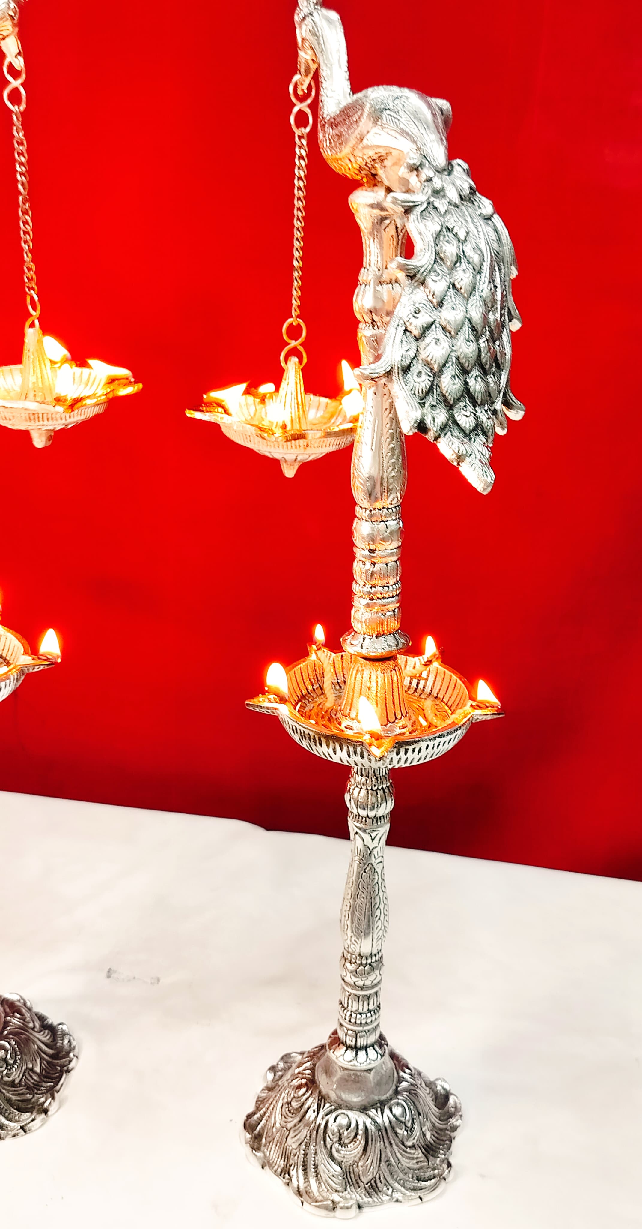 German Silver Peacock Diya Pair Set for Diwali Pooja/ Housewarming/ Home Décor
