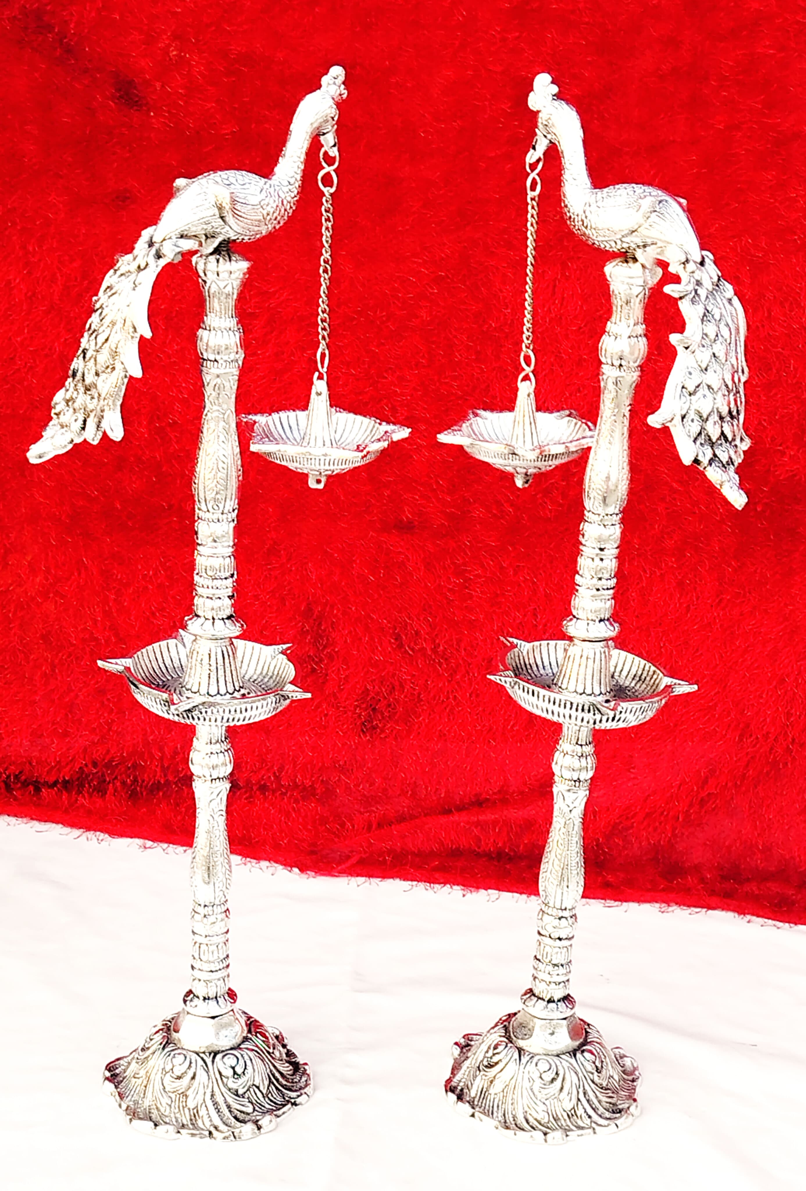 German Silver Peacock Diya Pair Set for Diwali Pooja/ Housewarming/ Home Décor