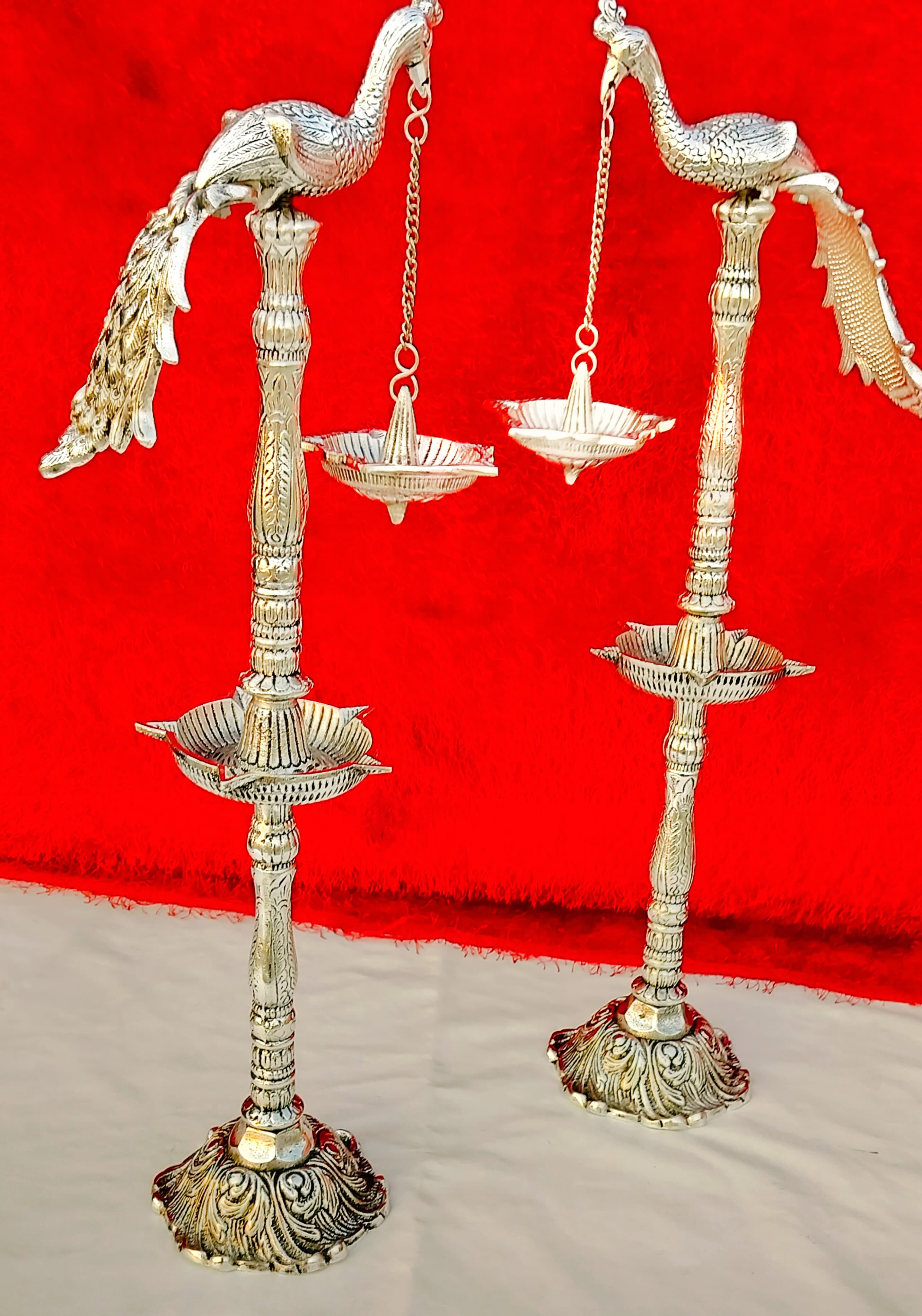 German Silver Peacock Diya Pair Set for Diwali Pooja/ Housewarming/ Home Décor