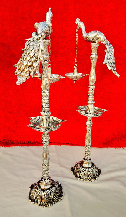 German silver peacock diya pair set for diwali pooja/ housewarming/ home d?or/ gift item