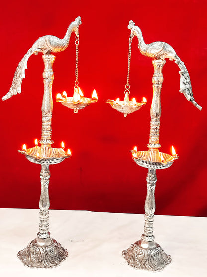 German silver peacock diya pair set for diwali pooja/ housewarming/ home d?or/ gift item