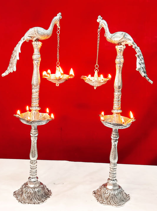 German silver peacock diya pair set for diwali pooja/ housewarming/ home d?or/ gift item