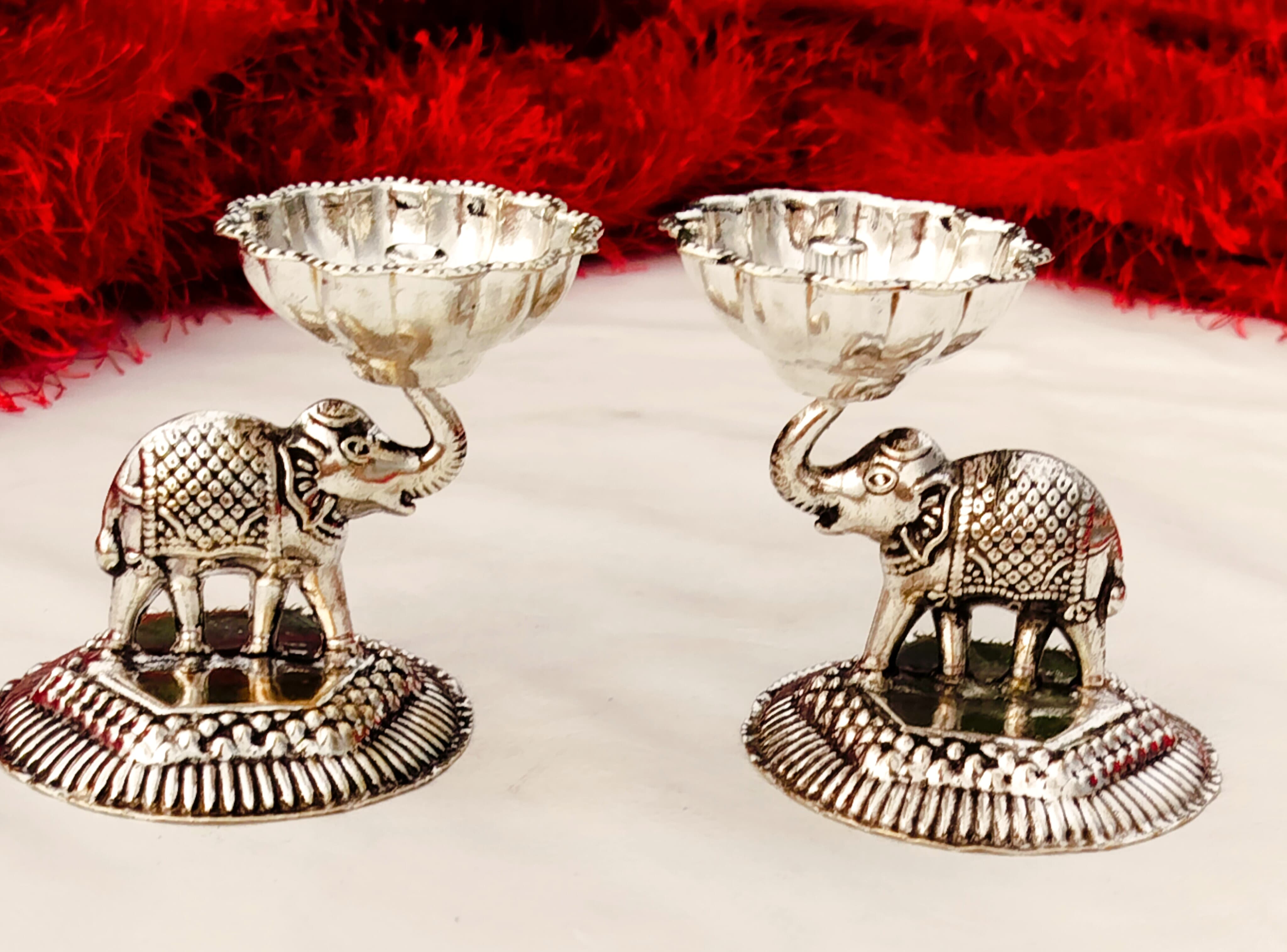 German Silver Elephant Diya Set of 4 Pieces for Diwali/ Housewarming/ Home Décor