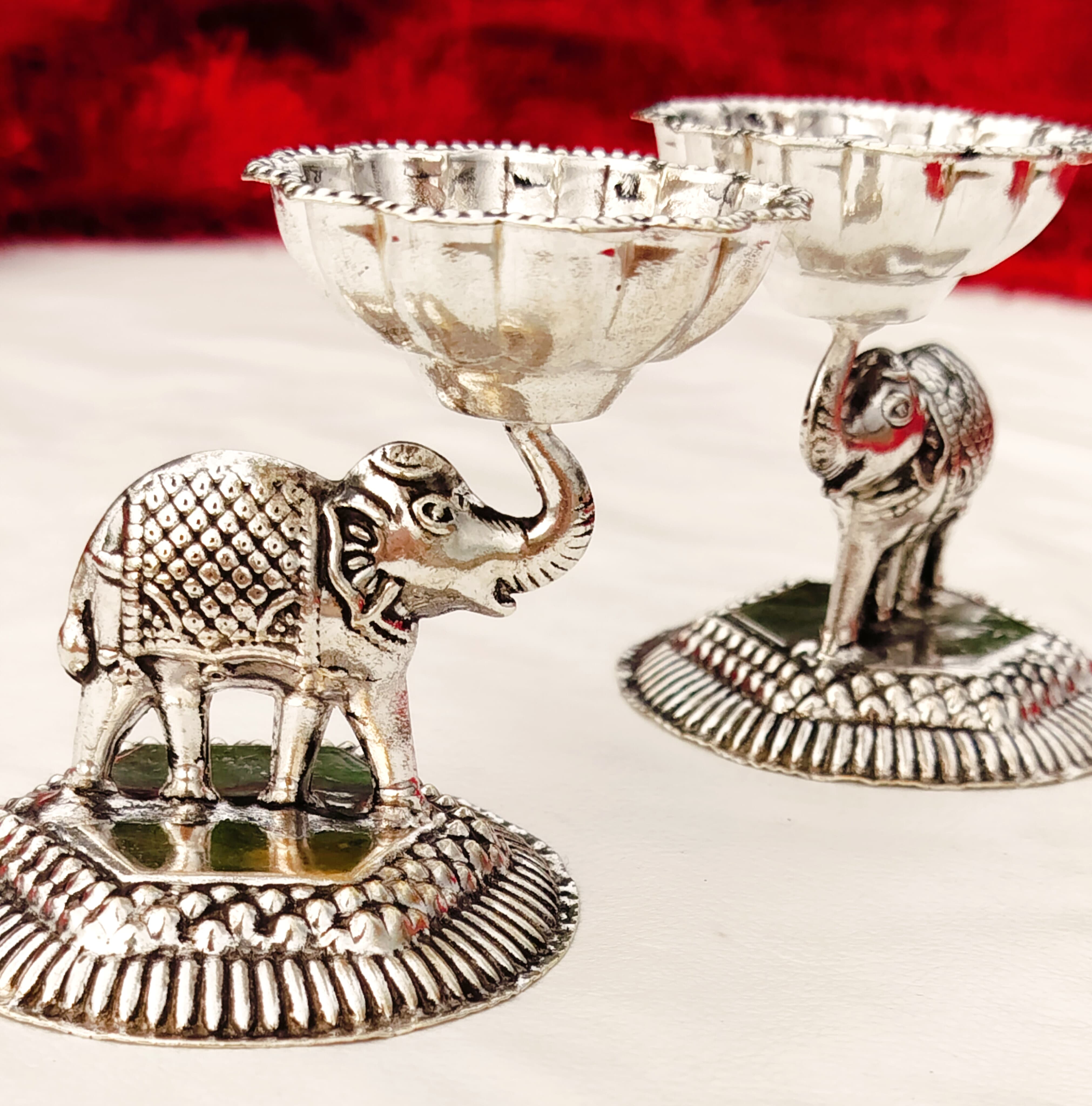 German Silver Elephant Diya Set of 4 Pieces for Diwali/ Housewarming/ Home Décor