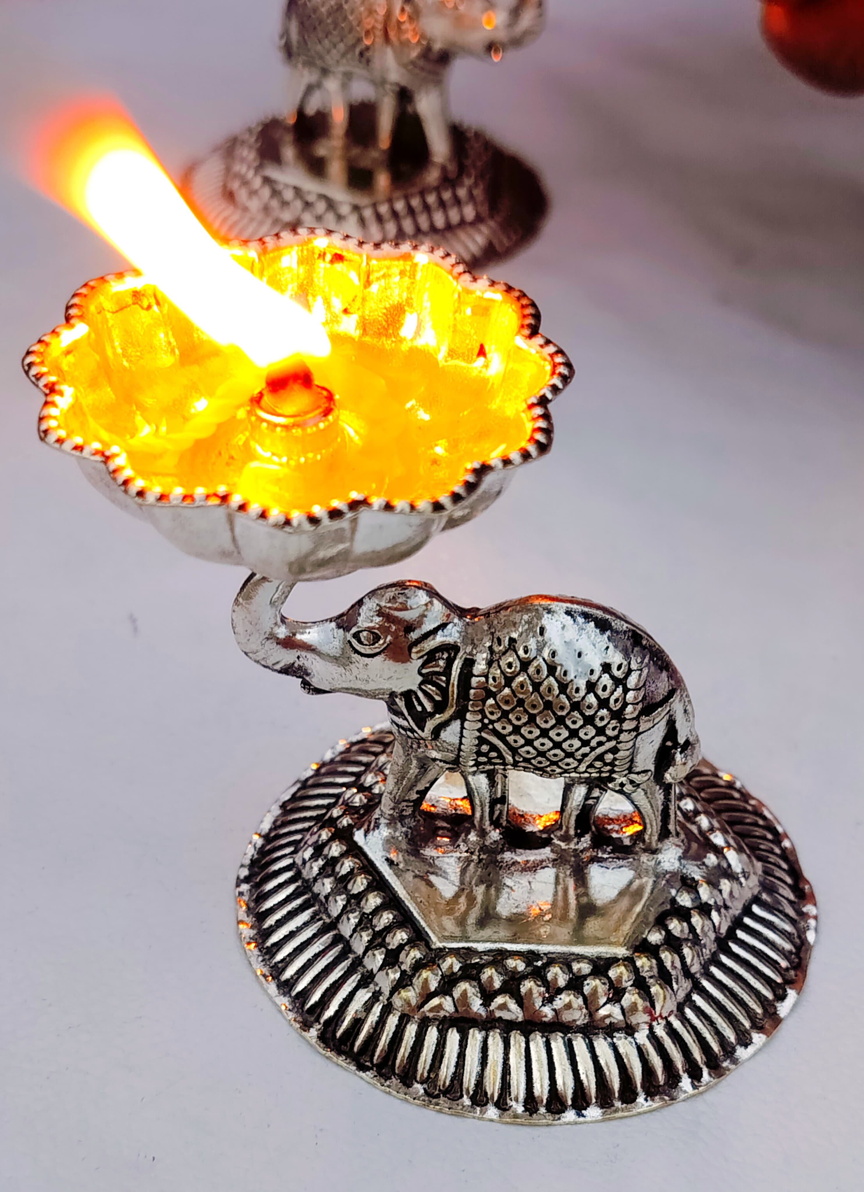 German Silver Elephant Diya Set of 4 Pieces for Diwali/ Housewarming/ Home Décor