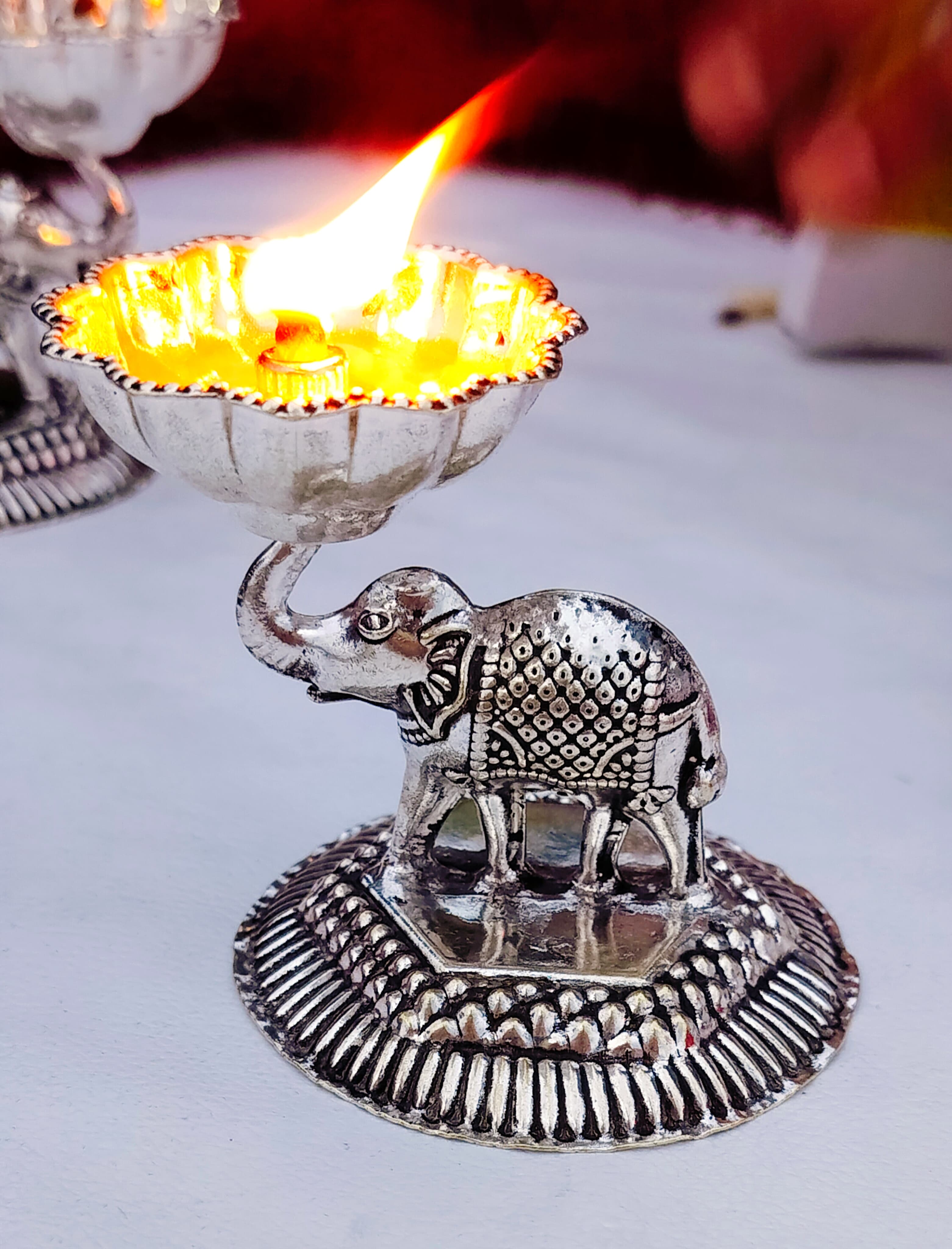 German Silver Elephant Diya Set of 4 Pieces for Diwali/ Housewarming/ Home Décor
