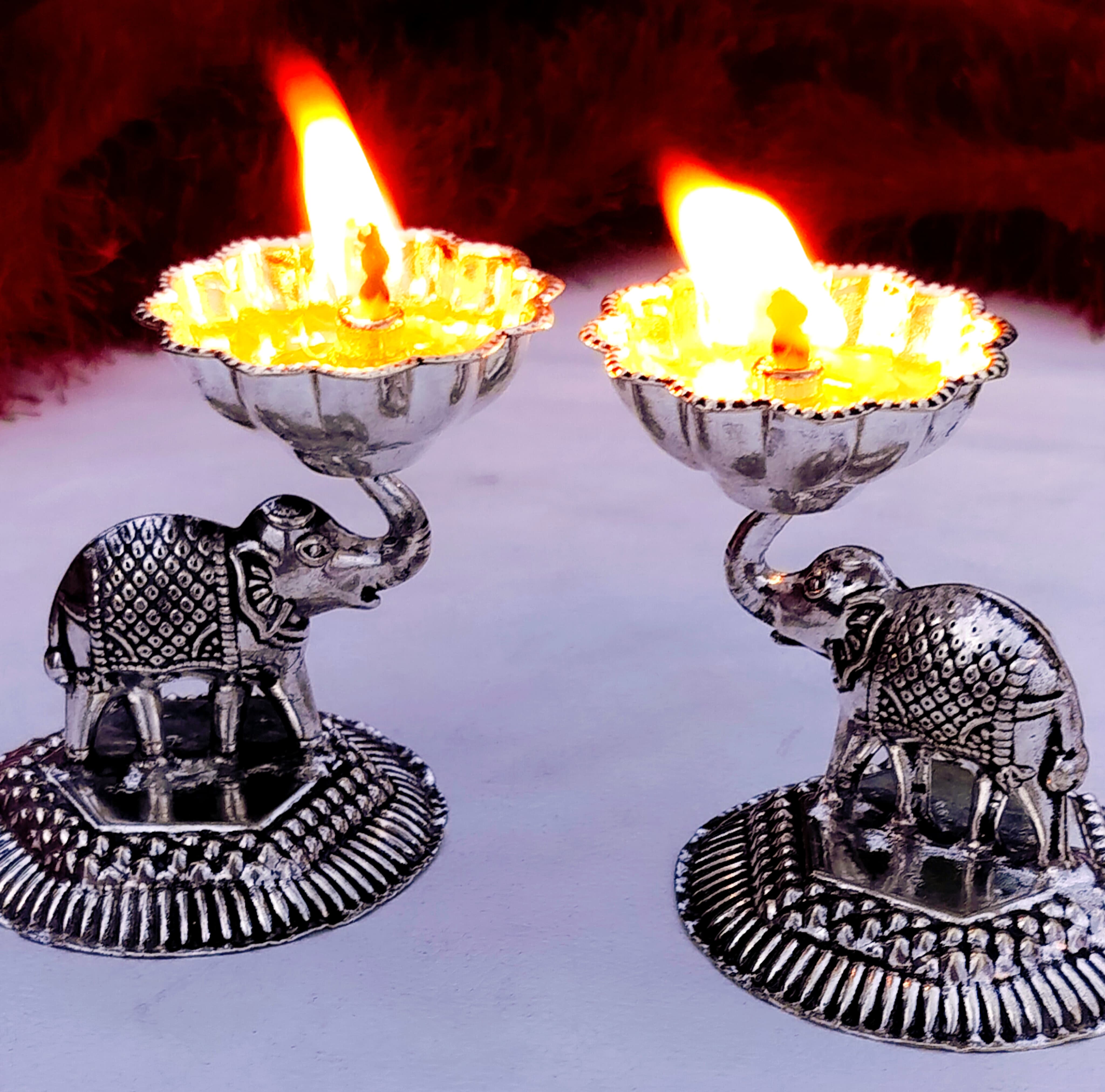 German Silver Elephant Diya Set of 4 Pieces for Diwali/ Housewarming/ Home Décor