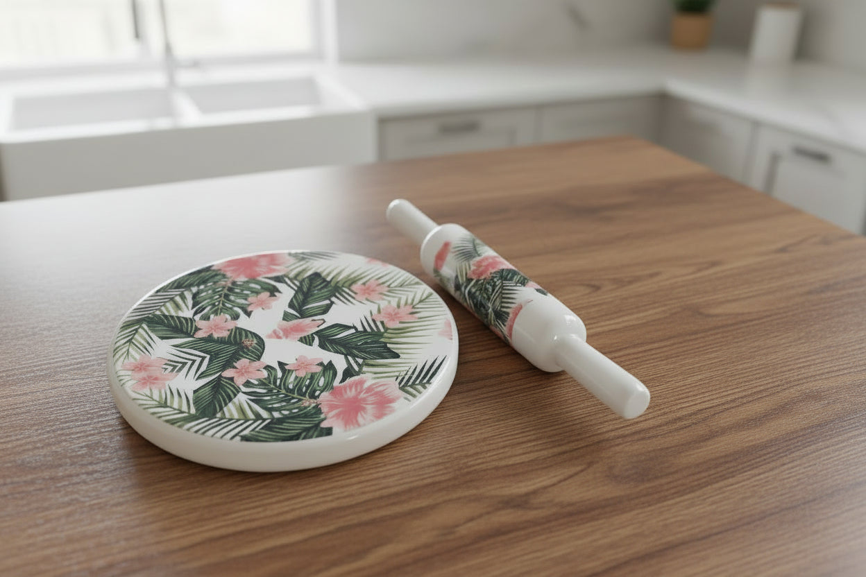 Beautiful Marble chakla belan/ Rolling pin/ Rolling Board with epoxy  Print Finish