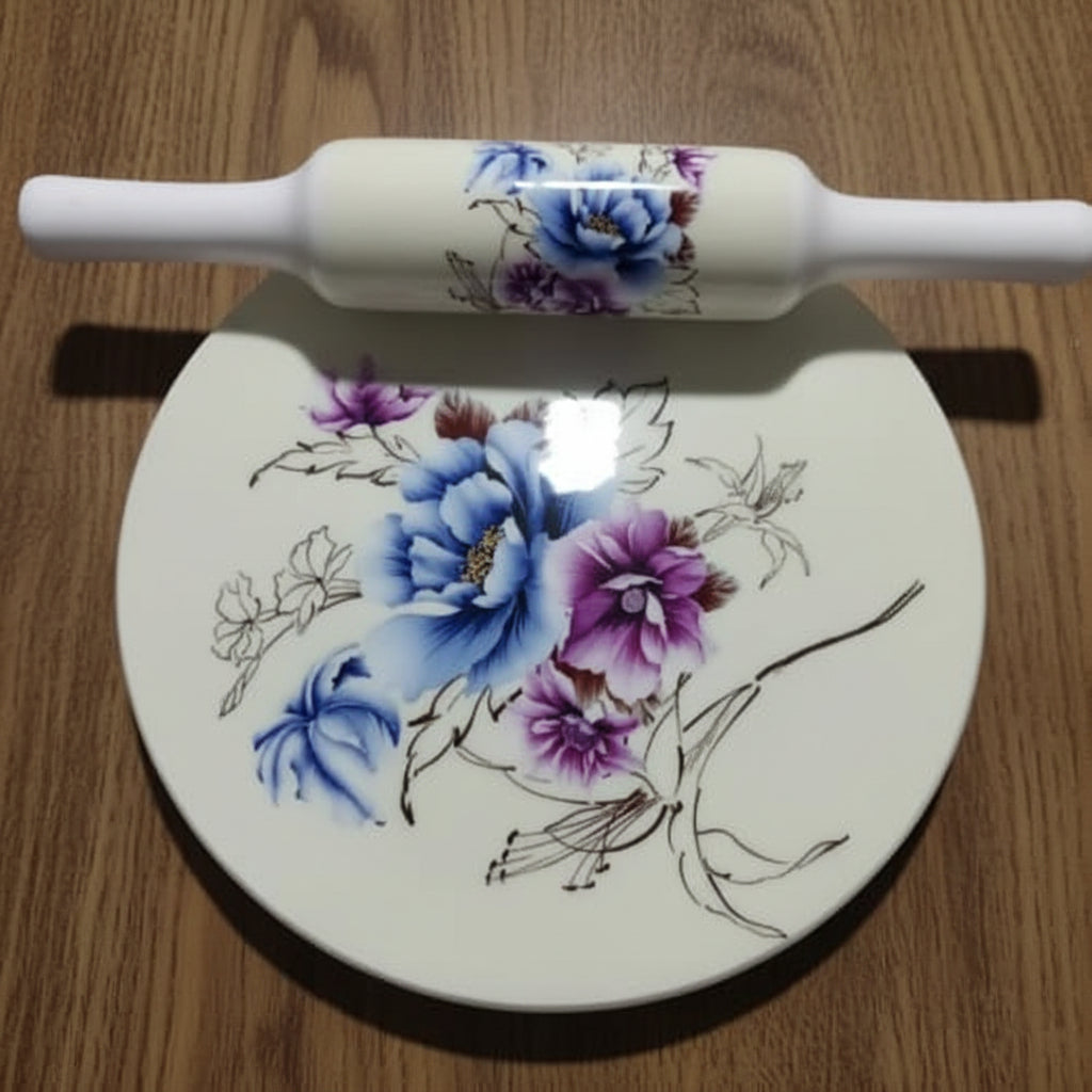 Beautiful Marble chakla belan/Rolling pin/Rolling Board with epoxy Print Finish,  Design : flowers