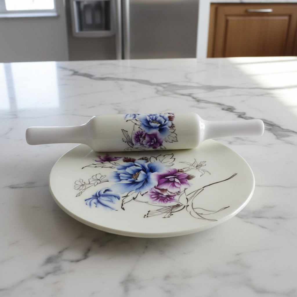 Beautiful Marble chakla belan/Rolling pin/Rolling Board with epoxy Print Finish,  Design : flowers