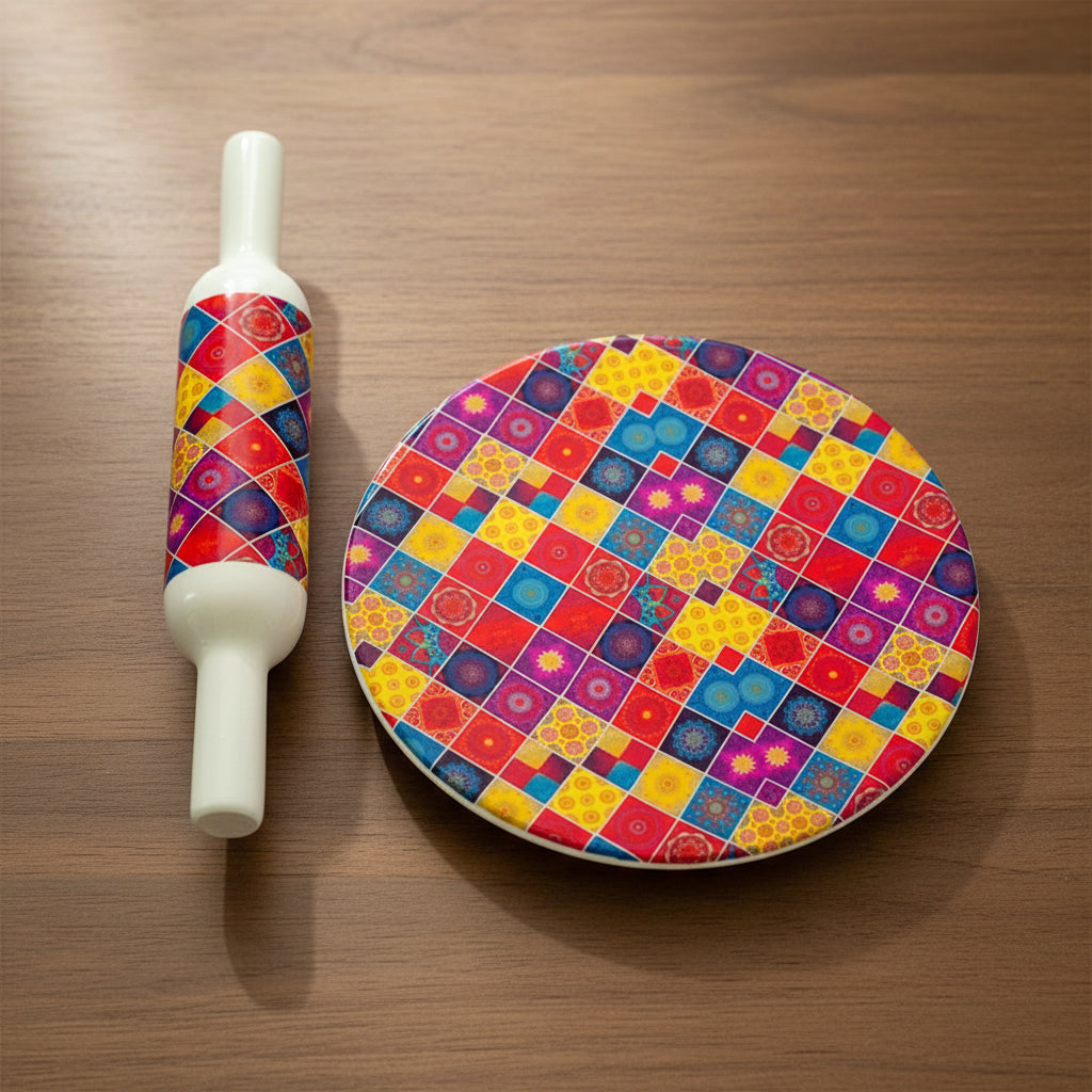 Beautiful Marble chakla belan/Rolling pin/Rolling Board with Porcelain Enamel Print Finish,multicolor