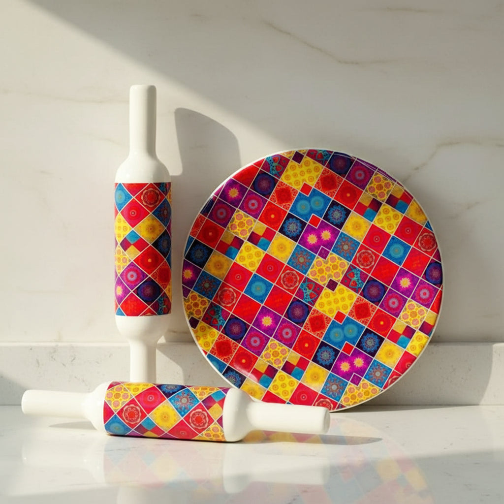 Beautiful Marble chakla belan/Rolling pin/Rolling Board with Porcelain Enamel Print Finish,multicolor