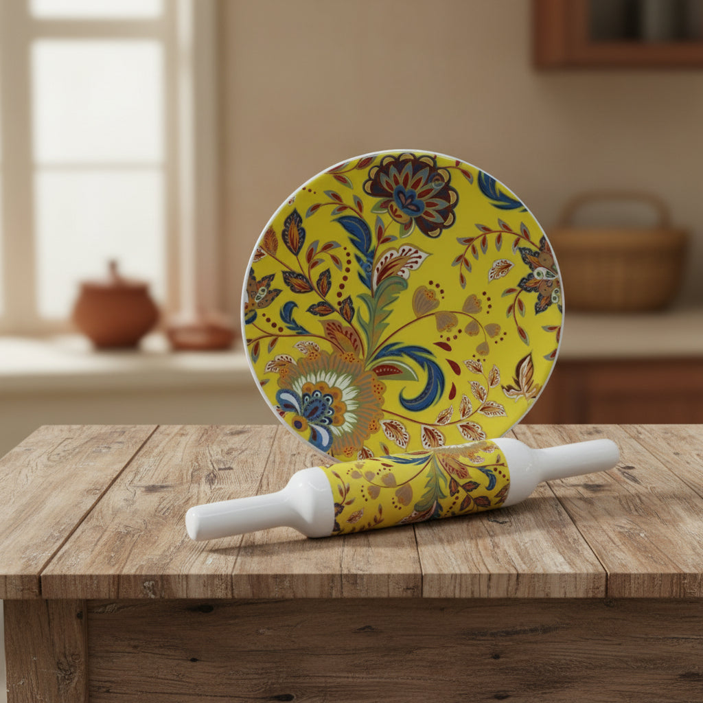 Beautiful Marble chakla belan/Rolling pin/Rolling Board with epoxy Print Finish, Design : Yellow Flower