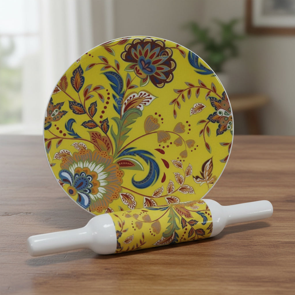 Beautiful Marble chakla belan/Rolling pin/Rolling Board with epoxy Print Finish, Design : Yellow Flower